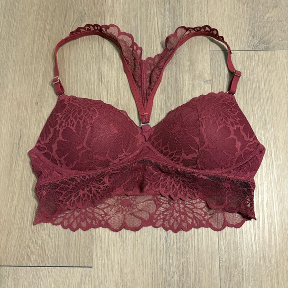 Victorias Secret PINK Womens Bralette Small Burgundy Red Lace Racerback Wireless - Picture 5 of 13